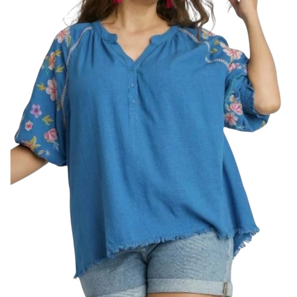 UMGEE Blue Linen Blend EMBROIDERED HALF-BUTTON TOP Frayed Hem PUFF SLEEVES 2XL